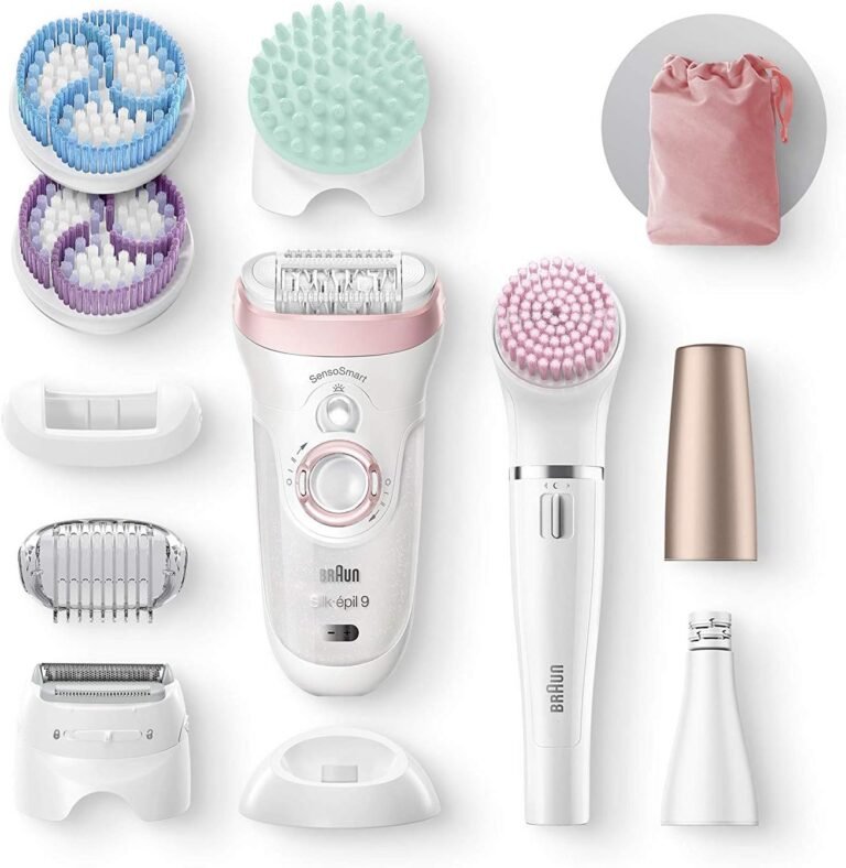 Braun Silk-épil Beauty-Set 9 Deluxe 7-in-1: Epilierer, Haarentferner, Facespa Gesichtsepilierer, Rasierer, Peeling, Reinigungsset für Gesicht und Körper. Tolles Geschenk für Frauen! 9-985 in Weiß/Pink.