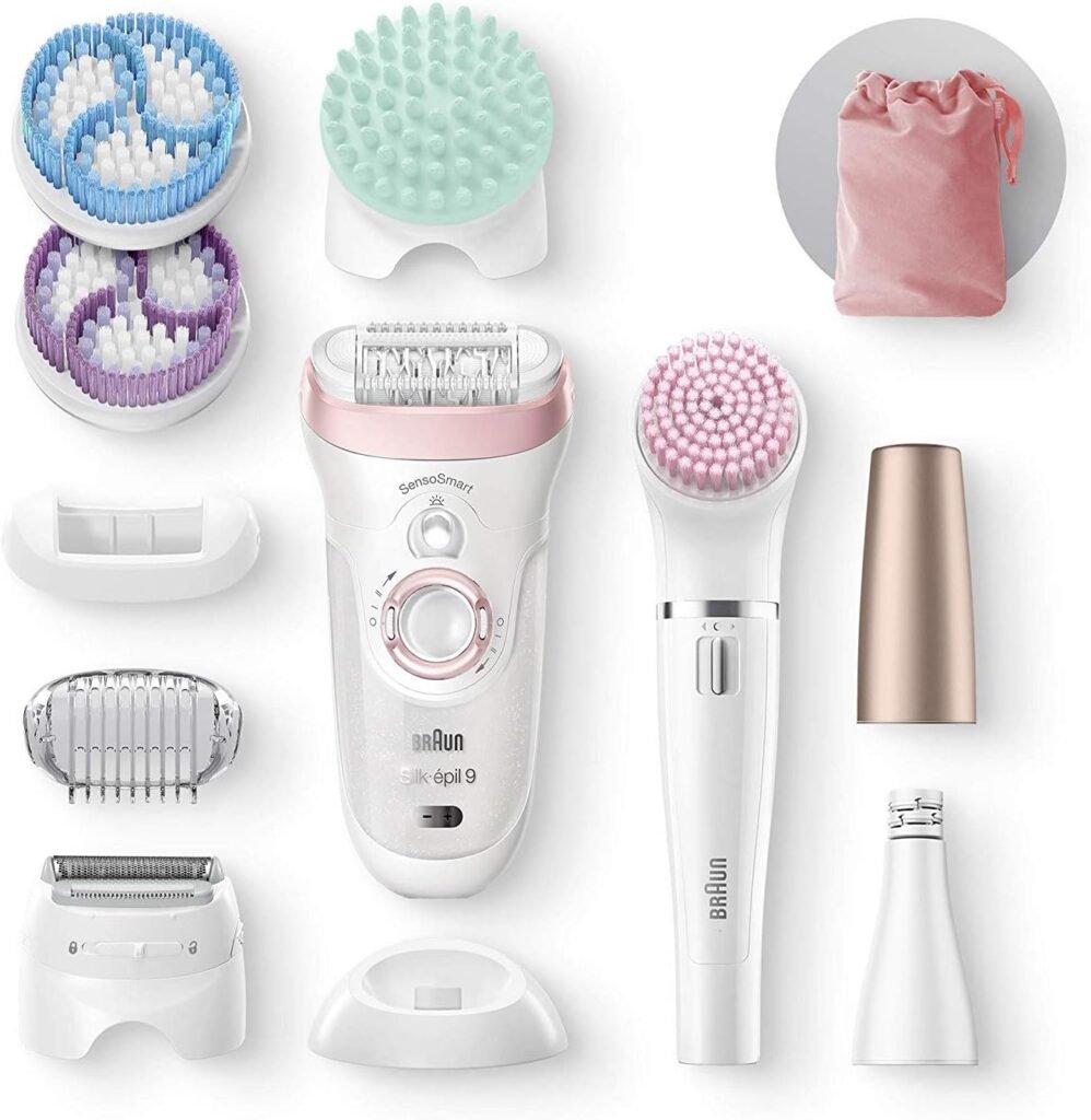 Braun Silk-épil Beauty-Set 9 Deluxe 7-in-1: Epilierer, Haarentferner, Facespa Gesichtsepilierer, Rasierer, Peeling, Reinigungsset für Gesicht und Körper. Tolles Geschenk für Frauen! 9-985 in Weiß/Pink.