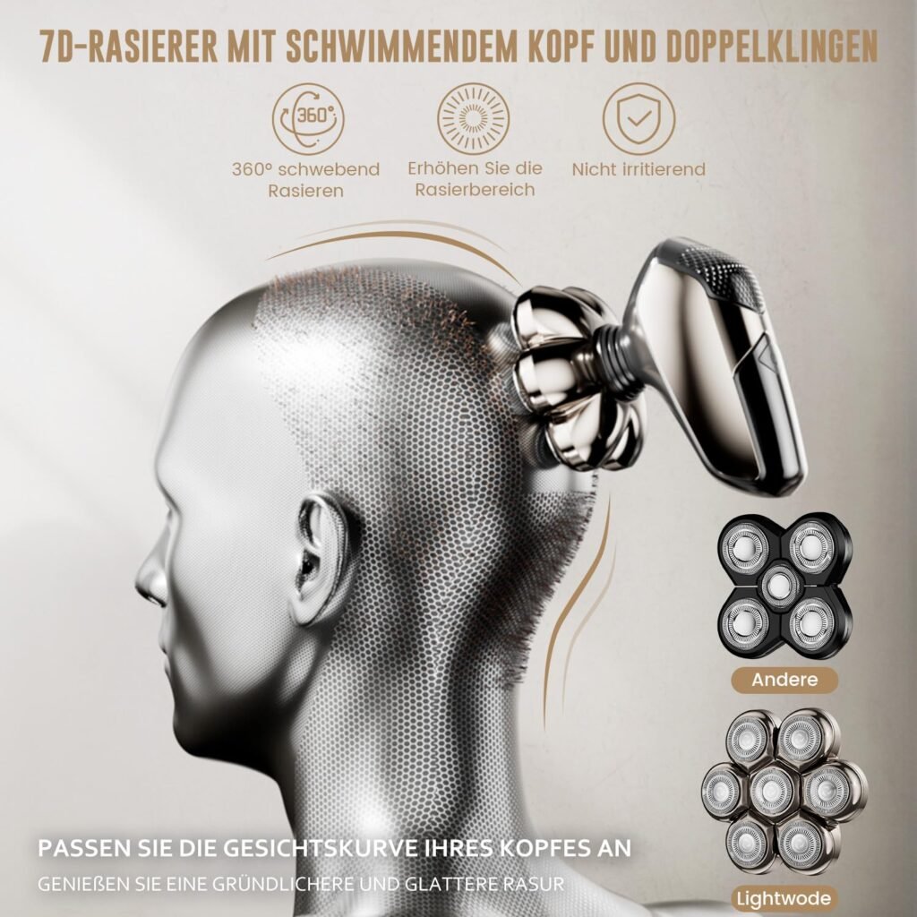 Glatzenrasierer Herren Elektrisch, ROSSIFUR 5-in-1 Kopfrasierer Glatze Männer, IPX7 Wasserdicht mit 7 Rotierenden Scherköpfen, Nasenhaarschneider, Typ C Wiederaufladbar Pflegeset - Bild eines hochwertigen Elektrorasierers für Herren mit innovativem Design und vielseitiger Funktionalität. Entdecken Sie jetzt das Pflegeset für Männer!