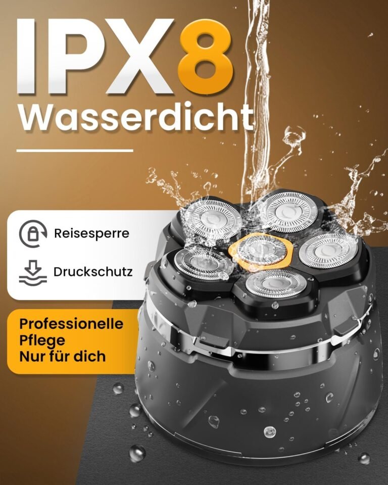 JoyKoi Elektrorasierer für Männer, IPX8 wasserdichter Glatzenrasierer, 6 rotierende Scherköpfe, kabelloser Rasierer mit magnetischem Schwebekopf, Nass-/Trockenrasierer, USB-C-Aufladung - Bild eines hochwertigen Elektrorasierers für Männer, der wasserdicht ist und 6 rotierende Scherköpfe besitzt. Perfekt für Nass- und Trockenrasur, kabellos mit USB-C-Aufladung.