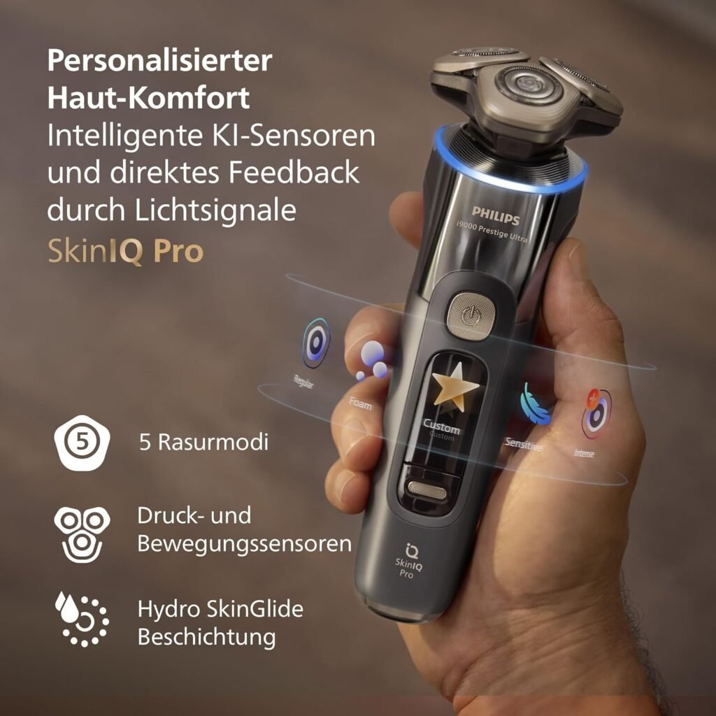 Philips Razor i9000 Prestige Ultra Nass- und Trockenrasierer für Männer - Modell XP9402/46 - mit Druck- und Bewegungssensor, 5+1 Bartstyler, Reinigungsstation, UV-Ladeetui & Reiseetui in Adriatic-Blau.