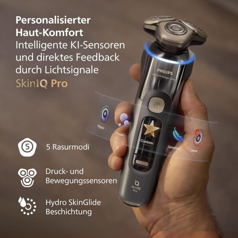 Philips Razor i9000 Prestige Ultra Nass- und Trockenrasierer für Männer - Modell XP9402/46 - mit Druck- und Bewegungssensor, 5+1 Bartstyler, Reinigungsstation, UV-Ladeetui & Reiseetui in Adriatic-Blau.