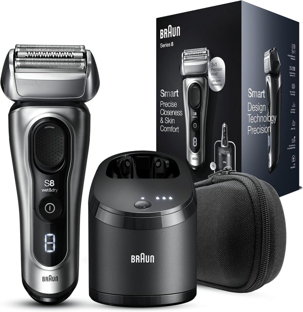 Braun Series 8 Herrenrasierer mit 3+1 Scherkopf, Elektrorasierer & Trimmer, Sonic-Technologie, 40°-Scherkopf, Konturenanpassung, Reinigungsstation, Nass & Trocken, 8467cc, Silber - Elektrischer Rasierer für Herren in Silberfarbe, mit innovativer Sonic-Technologie, 40°-Scherkopf und Konturenanpassung. Inklusive Reinigungsstation, geeignet für die Nass- und Trockenrasur.