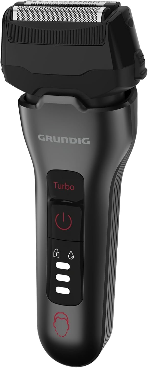 Afeitadora para hombre GRUNDIG MS 8330 con 60 minutos de autonomía, cortapatillas plegable, sistema de corte triple, hecho con un 74 % de plástico reciclado, diseño en Cromo Oscuro/Rojo para uso global.