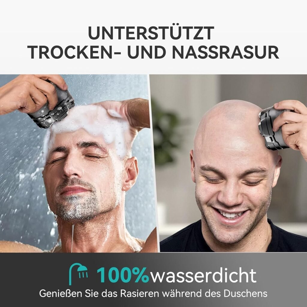 Herren Glatzenrasierer - Kopfrasierer für Männer, wasserdicht und wiederaufladbar - Rasierkopf mit 160 Minuten Akkulaufzeit - Leicht zu reinigen und mit magnetischem Rasierkopf.
