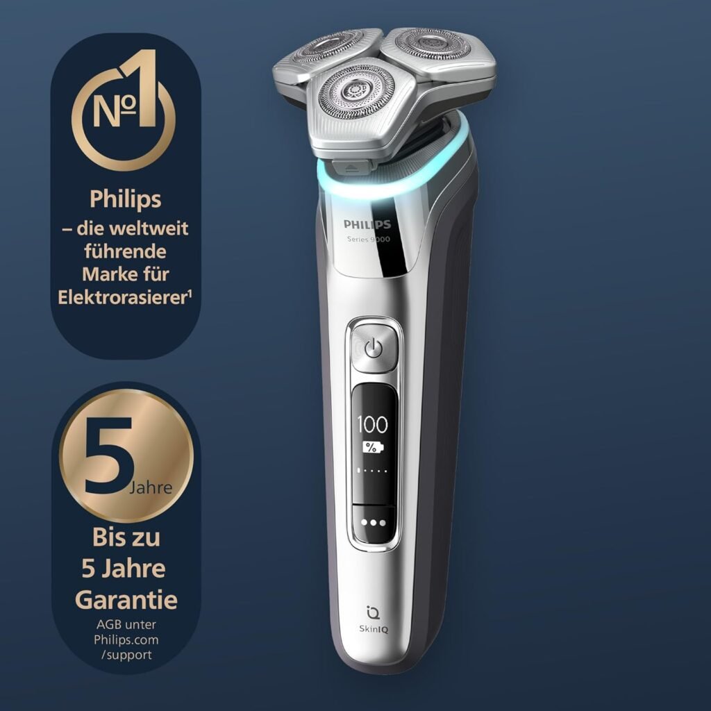 Philips Elektrischer Nass- und Trockenrasierer S9000 - Lift & Cut Rasiersystem - SkinIQ Technologie - Ausklappbarer Trimmer - Reinigungsstation - Ladestation - Reiseetui - Chromsilber S9975/54