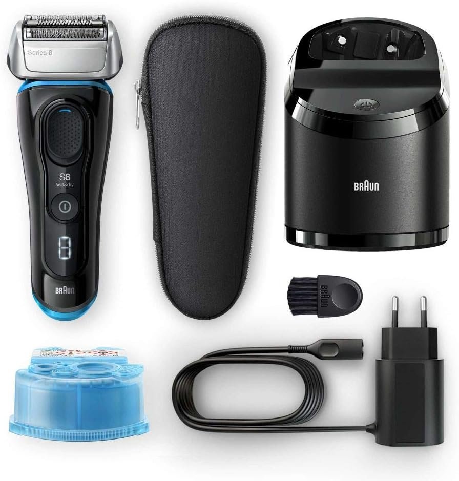 Braun Series 8 8385cc Elektrorasierer - Nass- und Trockenrasierer für Herren mit Präzisionstrimmer und Lithium-Ionen-Akku. Inklusive Reinigungs- und Ladestation sowie Stoffetui. Jetzt in Schwarz erhältlich.
