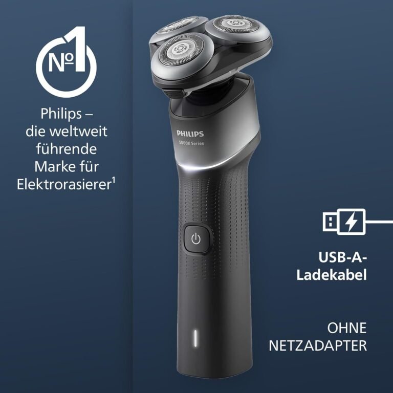 Philips Shaver Series 5000X Elektrorasierer für Nass- und Trockenrasur, Skin Protect-Technologie, flexibler 360-Grad-Scherkopf - Bild des Rasierers mit Schnellladefunktion in 1 Stunde/5 Minuten.