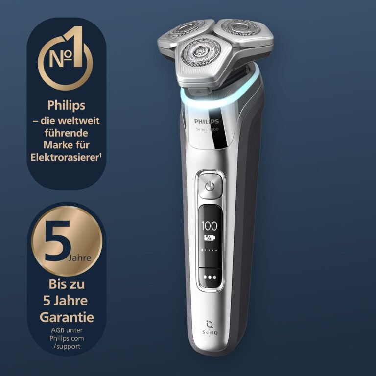 Philips Rasierer S9000 - Elektrischer Nass- & Trockenrasierer für Männer in Chromsilber mit Lift & Cut System, SkinIQ Technologie, ausklappbarem Barttrimmer, Ladestation & Reiseetui (Modell S9975/35)