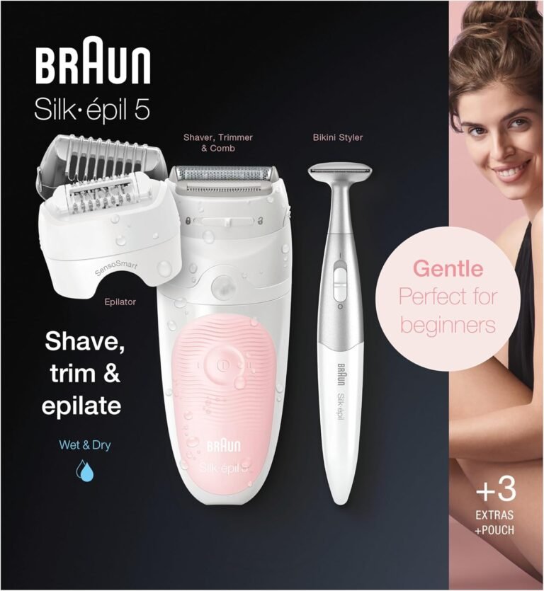 Braun Silk-épil 5 Epilierer für Damen - Rasier- und Trimmeraufsatz - Nass- & Trockenepilation - Hochfrequenz-Massageaufsatz - Rutschfester Griff - Weiß/Pink - Haarentfernung - Beauty - Skin Care - Frauen - Epiliergerät