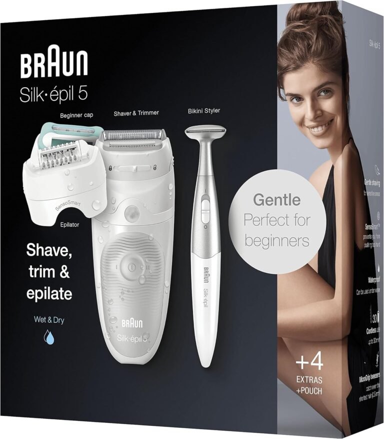 Braun Silk-épil 5 Beauty Set - Epilierer für Damen zur Haarentfernung, inkl. Rasierer, Trimmer und Massageaufsätze für den Körper, Muttertagsgeschenk - Weiß/Grau - Bikini-Trimmer-Tasche enthalten.