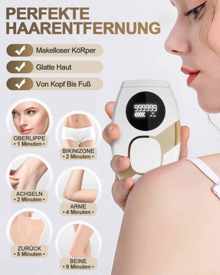 IPL Haarentfernungsgeräte mit 999.999 Lichtimpulsen für schmerzlose Haarentfernung am ganzen Körper. Einfacher Wechsel zwischen manuellem & automatischem Modus und 5 Energiestufen für effektive Ergebnisse. Ideal für Gesicht, Achseln, Beine und Körper. Sichere und einfache Anwendung für dauerhaft glatte Haut.
