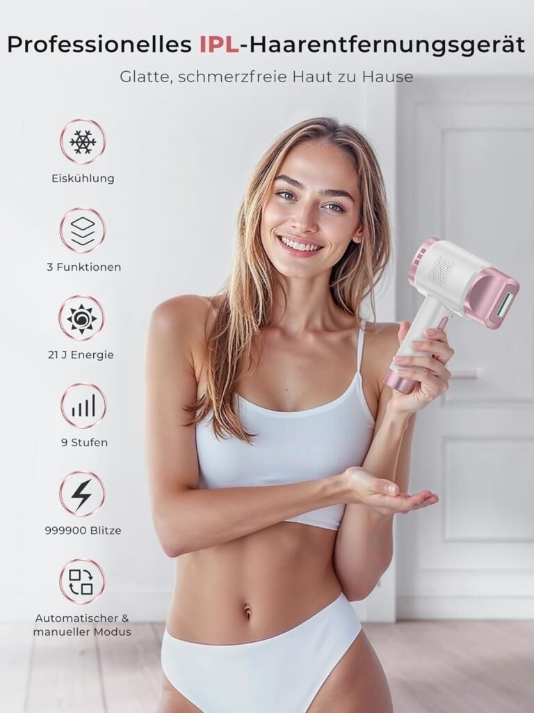 21J IPL Geräte Haarentfernung mit Eiskühlungssystem, Laser Haarentfernung mit 3 Funktionen, 9 Energiestufen, Haarentfernungslaser für Frauen Männer Gesicht Arme Bikinizone Körper Beine, Roségold