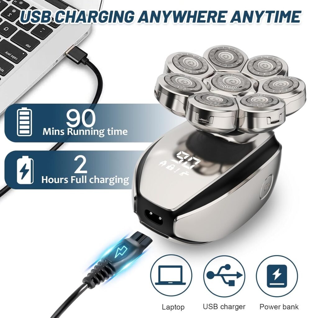 Glatzenrasierer Herren Elektrisch, 6-in-1 Kopfrasierer, Glatzenrasierer 8D Rotationsrasierer für Männer, IPX6 Wasserdichter Elektrorasierer, Nass- und Trockenrasierer, Nasenhaartrimmer Pflegeset - Bild von hochwertigem Elektrorasierer für Männer mit vielen Funktionen, ideal für Nass- und Trockenrasur, inklusive Nasenhaartrimmer.