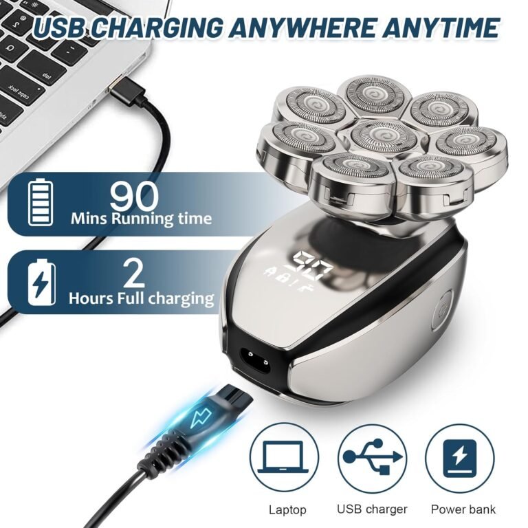 Glatzenrasierer Herren Elektrisch, 6-in-1 Kopfrasierer, Glatzenrasierer 8D Rotationsrasierer für Männer, IPX6 Wasserdichter Elektrorasierer, Nass- und Trockenrasierer, Nasenhaartrimmer Pflegeset - Bild von hochwertigem Elektrorasierer für Männer mit vielen Funktionen, ideal für Nass- und Trockenrasur, inklusive Nasenhaartrimmer.