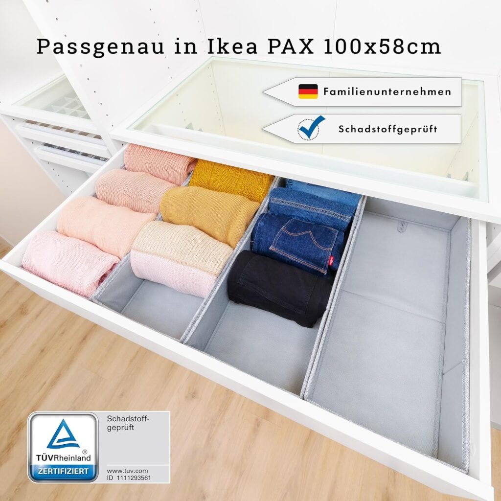 Descubre el práctico sistema de organización para cajones de IKEA Pax: Simple Joy® PAX100 FileFolding Box. Ajuste perfecto, fondo resistente y diseño original. ¡Ordena tus prendas de manera eficiente con este set de 4 cajas!