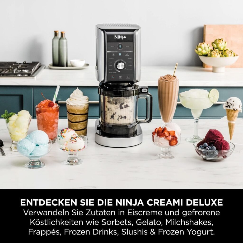 Ninja CREAMi Deluxe Eismaschine NC501EU - Dessert & Ice Cream Maker für Eiscreme, Sorbet, Frozen Joghurt, Milchshakes und Slushi. 2-in-1 Geschmacksoption in Silber. Mit 3 Behältern und 10 Funktionen. Bereiten Sie köstliche Leckereien zu Hause zu!