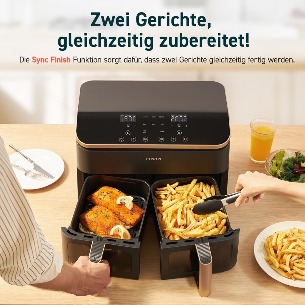 Cocina saludable y deliciosa con la Cosori Heißluftfritteuse de 2 Fächer y 6-in-1. Con Dual Zone y capacidad XXL de 8,5 L, podrás preparar comidas completas en sus dos cámaras con sichtfenster. Incluye 50 recetas y es energysparend.