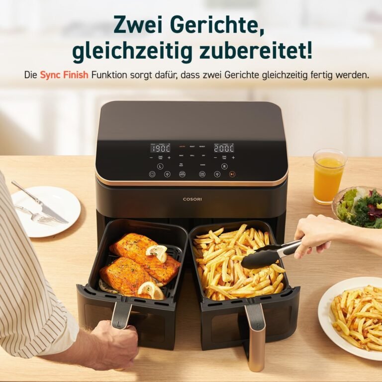 Cocina saludable y deliciosa con la Cosori Heißluftfritteuse de 2 Fächer y 6-in-1. Con Dual Zone y capacidad XXL de 8,5 L, podrás preparar comidas completas en sus dos cámaras con sichtfenster. Incluye 50 recetas y es energysparend.
