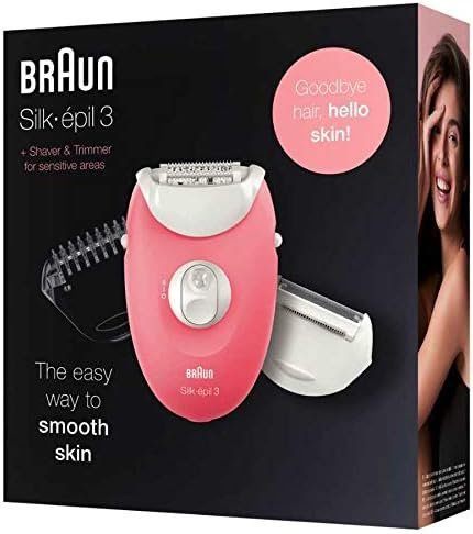 Braun Silk-épil 3 SE 3-440 Starter 3-in-1 Haarentfernung, Epilierer, Rasierer, Massagerollenaufsatz, Weiß/Flamingo Pink - Bild eines vielseitigen Haarentfernungsgeräts mit Epilierkopf, Rasieraufsatz und Massagerollenaufsatz in Weiß und Flamingo Pink.