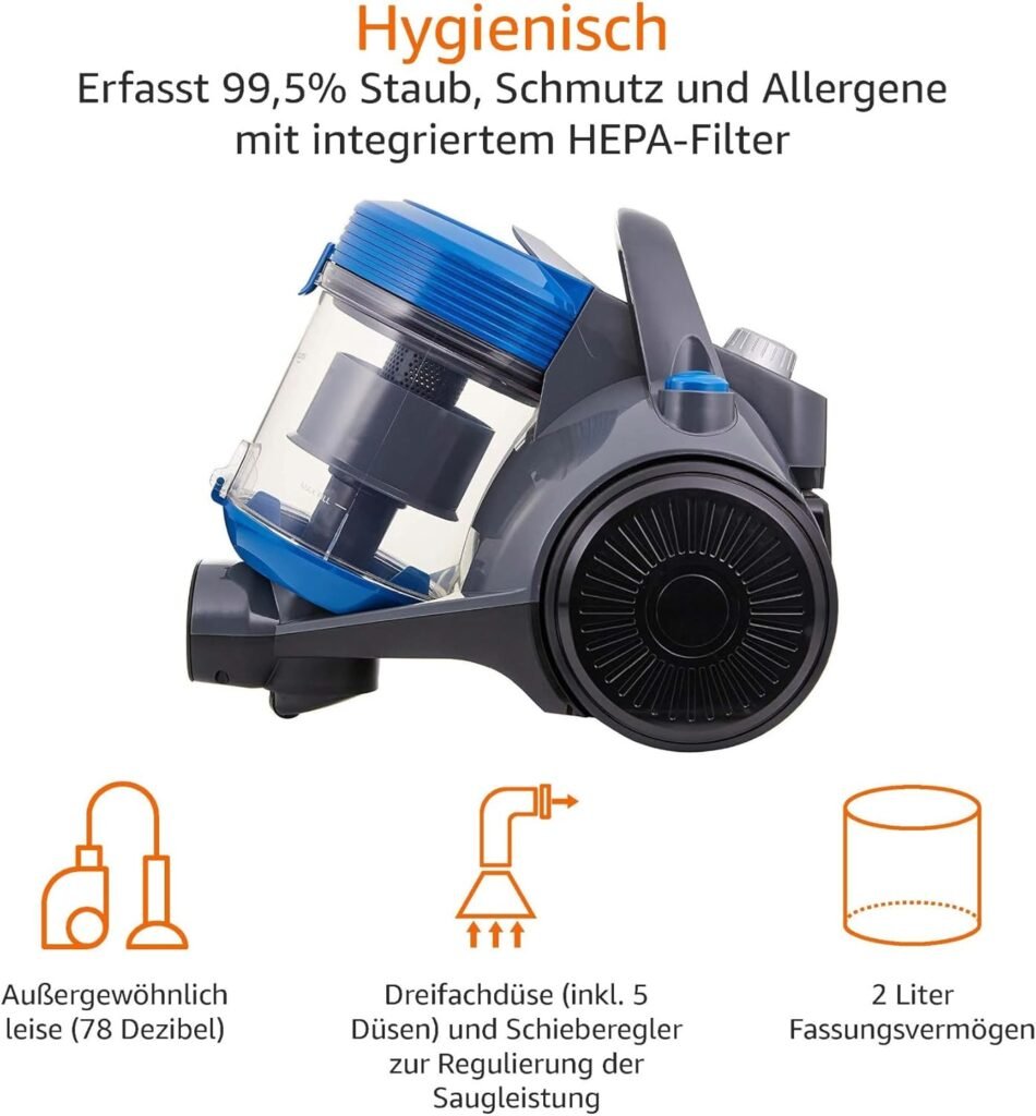 Beutelloser Bodenstaubsauger von Amazon Basics - kraftvoll, kompakt und leicht, ideal für Hart- und Teppichböden. Mit HEPA-Filter, 700 W Leistung und 2,0 l Kapazität. In EU-Standard Schwarz/Blau.