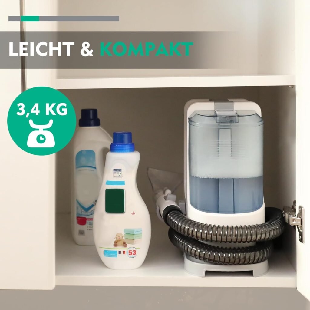 HAUSHOF StainZapper Staubsauger - Effektiver Reiniger für Teppich, Sofa, Vorleger, Polster, Treppe und Auto. Kompakte Größe von 28,5 cm x 15 cm x 26,5 cm in stilvollem Weiß/Grau. Leistungsstarker 400 W Motor für gründliche Reinigung. Ideal für die schnelle Beseitigung von Flecken und Verschmutzungen.