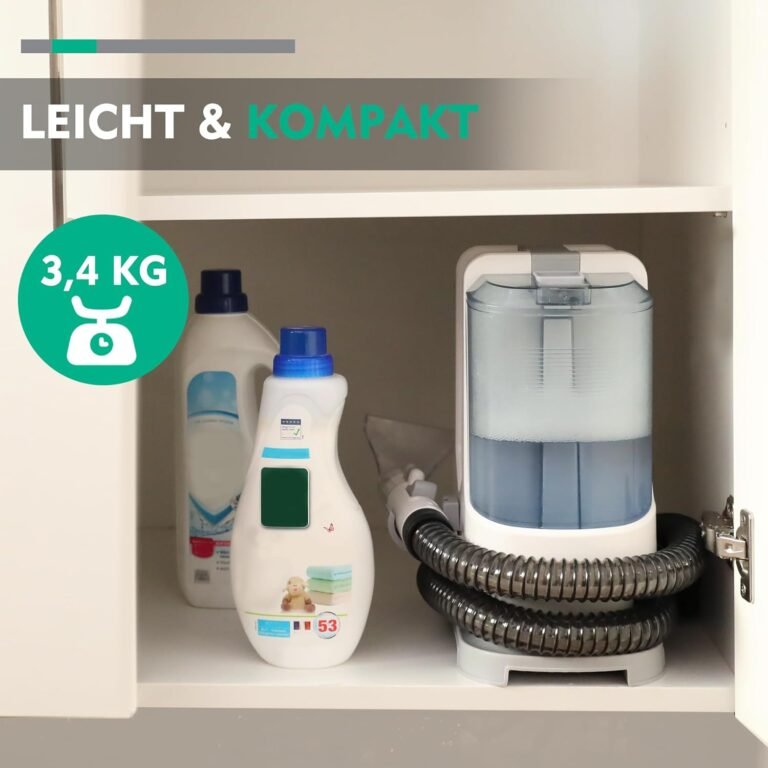 HAUSHOF StainZapper Staubsauger - Effektiver Reiniger für Teppich, Sofa, Vorleger, Polster, Treppe und Auto. Kompakte Größe von 28,5 cm x 15 cm x 26,5 cm in stilvollem Weiß/Grau. Leistungsstarker 400 W Motor für gründliche Reinigung. Ideal für die schnelle Beseitigung von Flecken und Verschmutzungen.