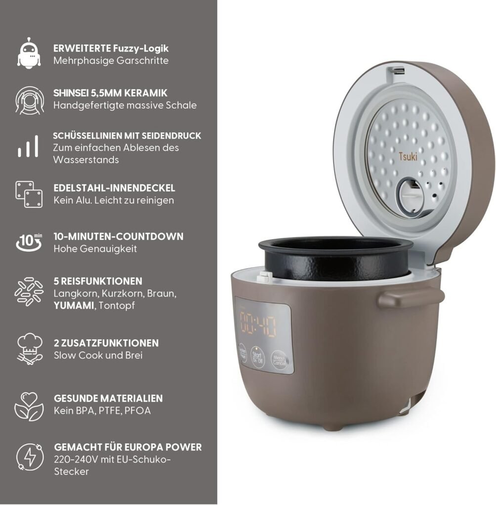 Yum Asia Tsuki Mini-Reiskocher mit Shinsei-Keramikschüssel (2,5 Tassen, 0,45 Liter) - 5 Reiskochfunktionen - Multikochfunktionen - 220-240 V - Kieselgrau - Verstecktes LED-Display