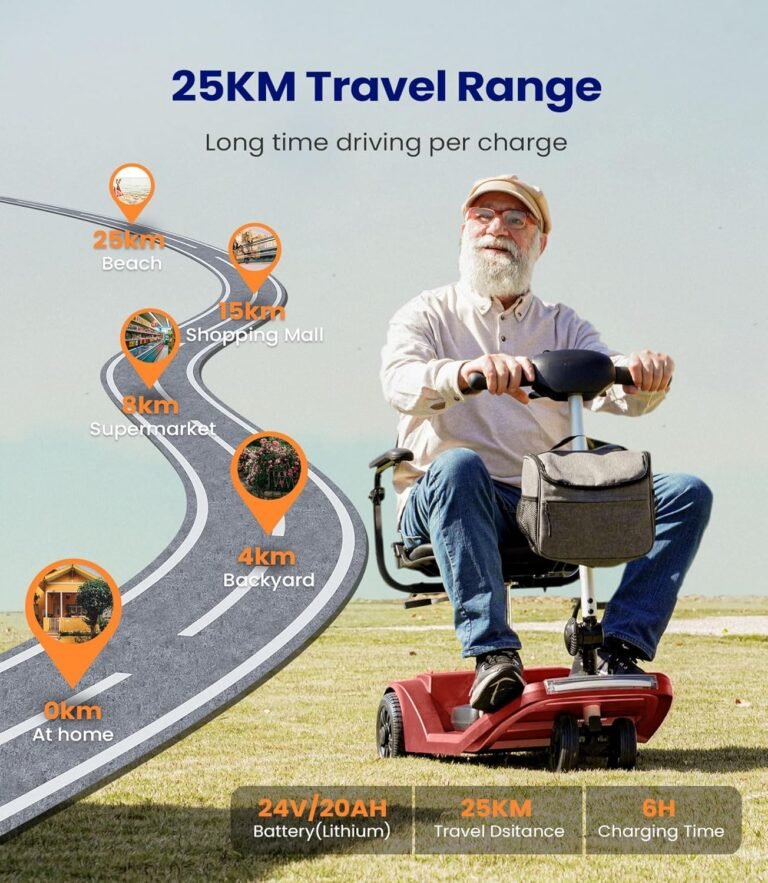 VOCIC Leichter Elektroscooter (22kg) zusammenklappbar, Mobiler Mobilitätsroller 25km für Senioren faltbar, Elektrorollstuhlscooter bis 136kg für jedes Gelände mit Plane, Rot. Kaufen Sie jetzt Ihren mobilen Elektroscooter für Senioren, zusammenklappbar und leicht zu transportieren. Ideal für jede Art von Gelände, mit einer Reichweite von 25 km und einer Tragfähigkeit von bis zu 136 kg. Erhältlich in der Farbe Rot.