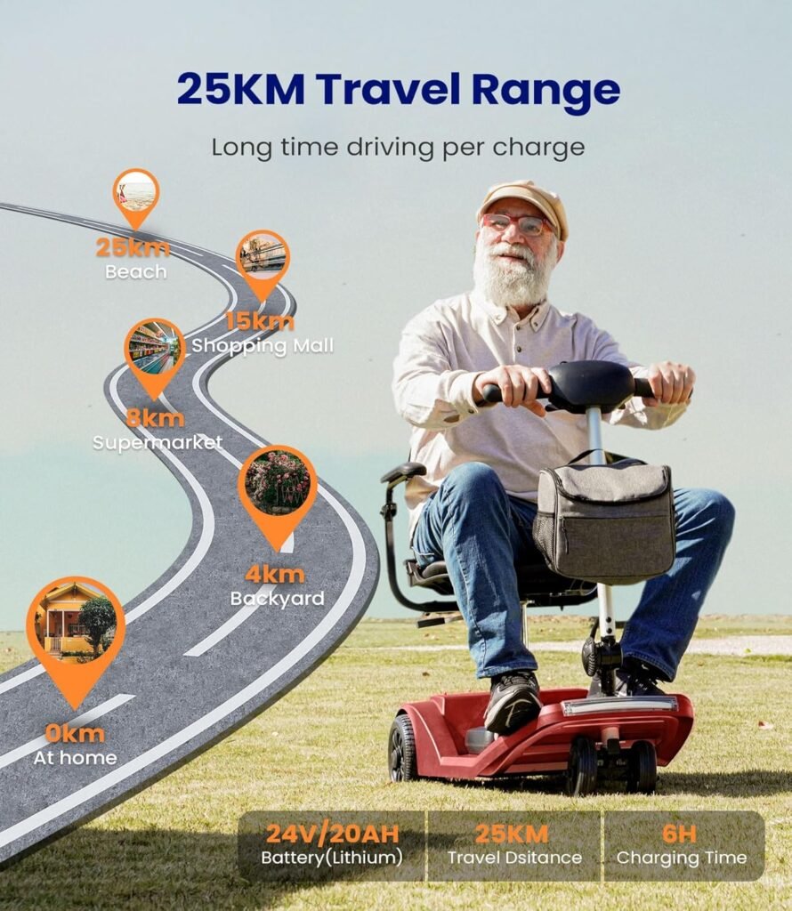 VOCIC Leichter Elektroscooter (22kg) zusammenklappbar, Mobiler Mobilitätsroller 25km für Senioren faltbar, Elektrorollstuhlscooter bis 136kg für jedes Gelände mit Plane, Rot. Kaufen Sie jetzt Ihren mobilen Elektroscooter für Senioren, zusammenklappbar und leicht zu transportieren. Ideal für jede Art von Gelände, mit einer Reichweite von 25 km und einer Tragfähigkeit von bis zu 136 kg. Erhältlich in der Farbe Rot.