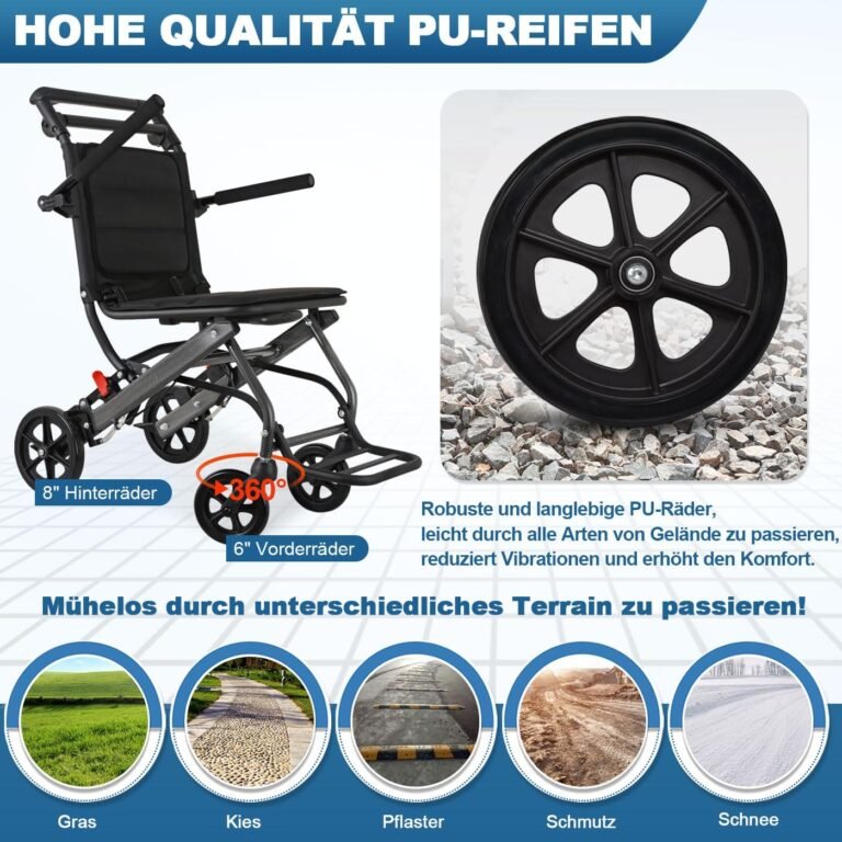 Transportrollstuhl für ältere Menschen - leicht, zusammenklappbar und tragbar mit Handbremse und Teleskopgriff. Perfekt für Flugreisen. Inklusive Tasche. Ideal für Erwachsene.