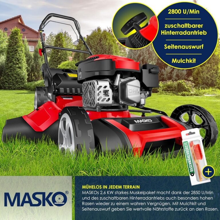 MASKO® Benzin-Rasenmäher 5-in-1 | 51 cm Schnittbreite | 8-fache Schnitthöhenverstellung | 4-Takt OHV-Motor 6,0 PS | 65 Liter Fangkorb | Inkl. Mulchkit, Seitenauswurf, Handschuhe