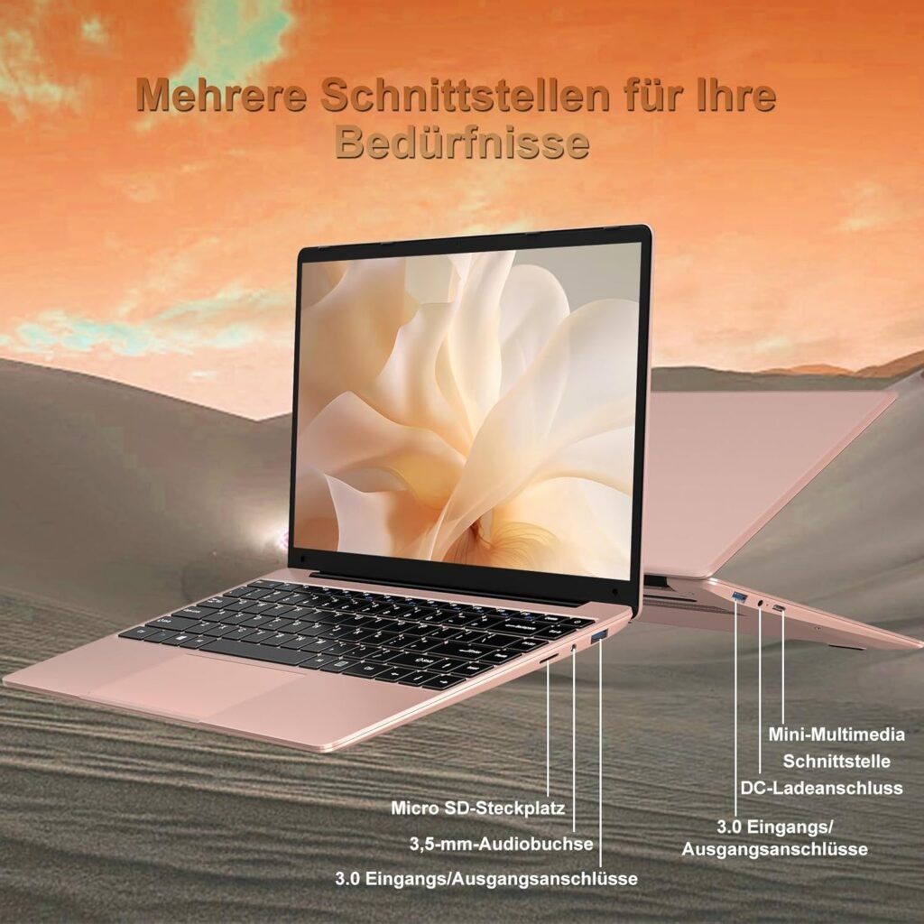 AOCWEI Laptop Celeron N4020 bis 2,8 GHz, Laptops 14 Zoll Win 11 Con 5G WiFi 6+256GB SSD Erweiterung 1TB, BT 4.2 1920 x 1080 FHD Mini Multimedia Anschluss, Notebook mit deutscher Tastatur Film Gold.