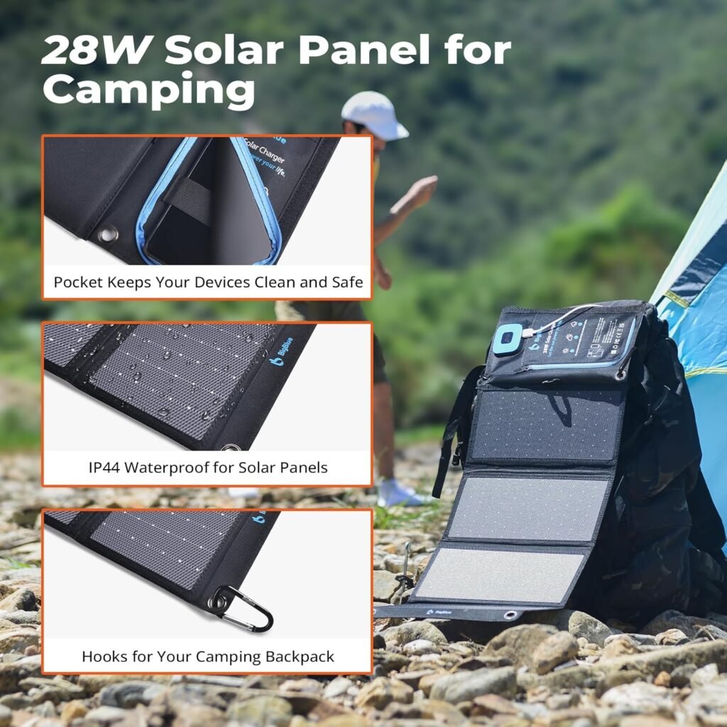 Tragbares Solarladegerät mit 2 USB-Anschlüssen für iPhone, Android, GoPro usw. - Solarpanel mit digitalem Amperemeter und Reißverschluss zum Schutz - ideal für unterwegs - IPX4 - 5V/4A insgesamt