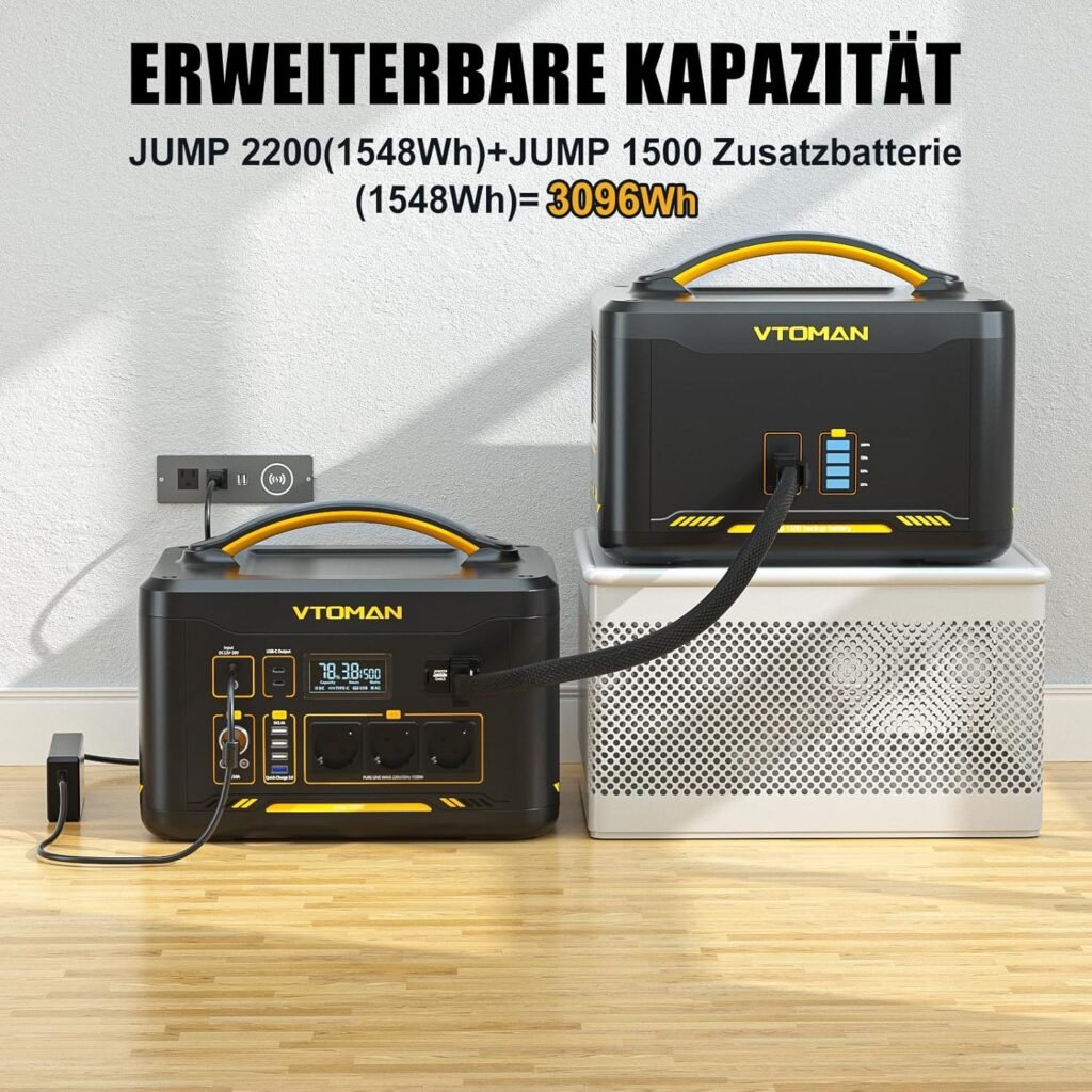 VTOMAN Jump 2200 Tragbares Kraftwerk - LiFePO4-Akku-Solargenerator, 1548 Wh/2200 W, erweiterbare Kapazität auf 3096 Wh, Dual PD 100 W Typ-C-Anschlüsse.