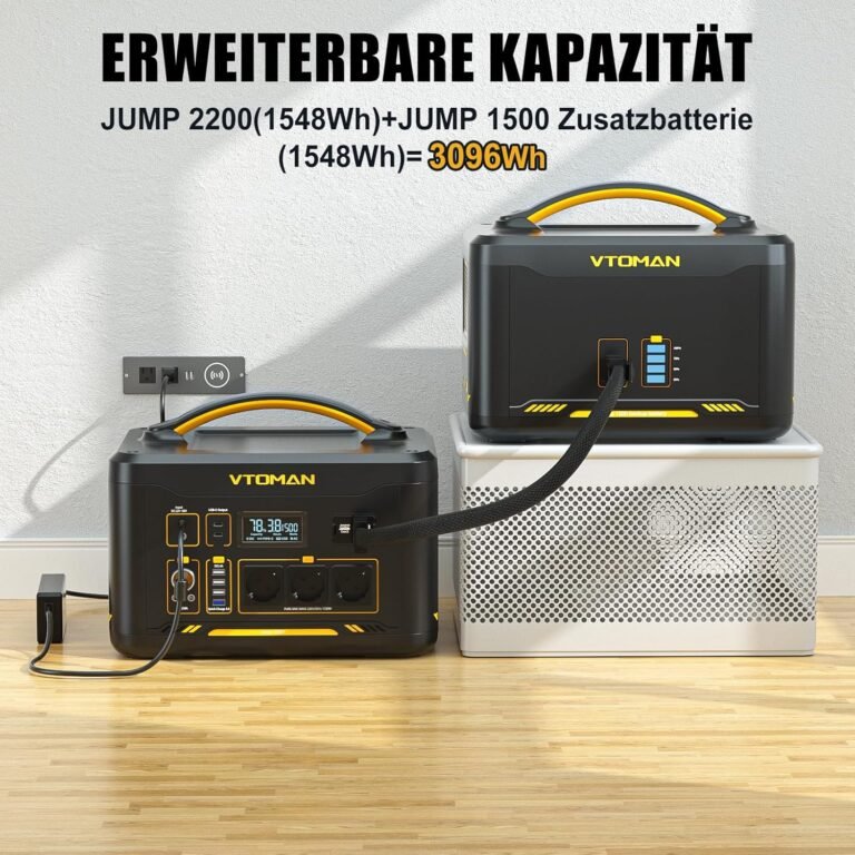 VTOMAN Jump 2200 Tragbares Kraftwerk - LiFePO4-Akku-Solargenerator, 1548 Wh/2200 W, erweiterbare Kapazität auf 3096 Wh, Dual PD 100 W Typ-C-Anschlüsse.