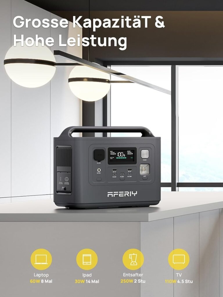 Solargenerator Kraftwerk 800W 512Wh LiFePO4-Akku Aferiy - Ideal für Outdoor, Camping und Home Backup - 1 Stunde Schnellladung - AC 230V, USV - 3500+ Ladezyklen - Zuverlässige Energiequelle
