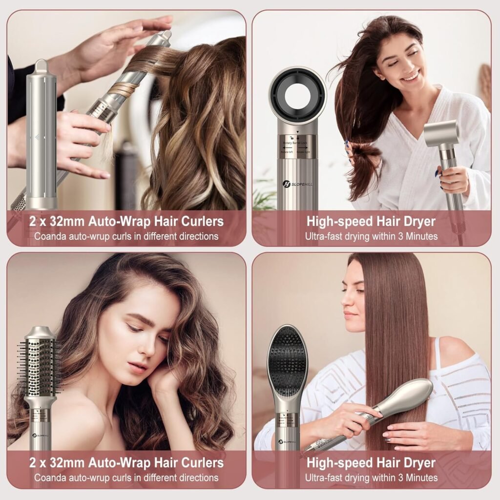 Airstyler 5-in-1, Slopehill 110.000 U/min Hochgeschwindigkeits-Ionen-Haartrockner für schnelles Trocknen, Multi-Haarstyler mit automatischem Luft-Lockenstab, Glättbürste & Volumenbürste (Golden) - Professioneller Haarstyler für vielseitige Frisuren.