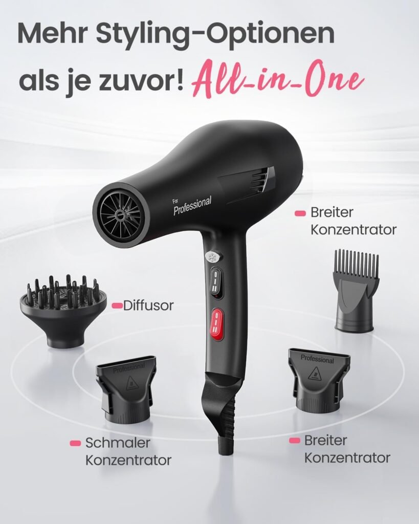 Potente secador de cabello iónico profesional Dekuri, con accesorios incluidos y cable de 2,5 metros de longitud. Perfecto para uso en familia.