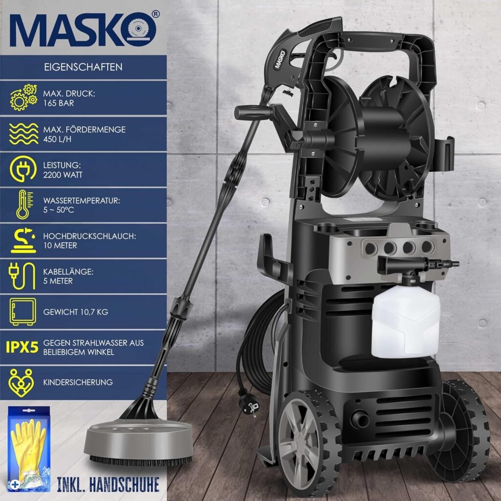 MASKO® Hochdruckreiniger 2200 Watt 165 Bar 450 l/h - Entdecken Sie unser 9-teiliges Zubehörset mit Handschuhen, Seifenflasche, Schaumdüse und Hochdruckpistole für Auto, Zäune, Garten und Terrasse! Mit Spule, Schlauchtrommel und 10 m Schlauch. Jetzt reinigen, waschen und pflegen wie ein Profi!