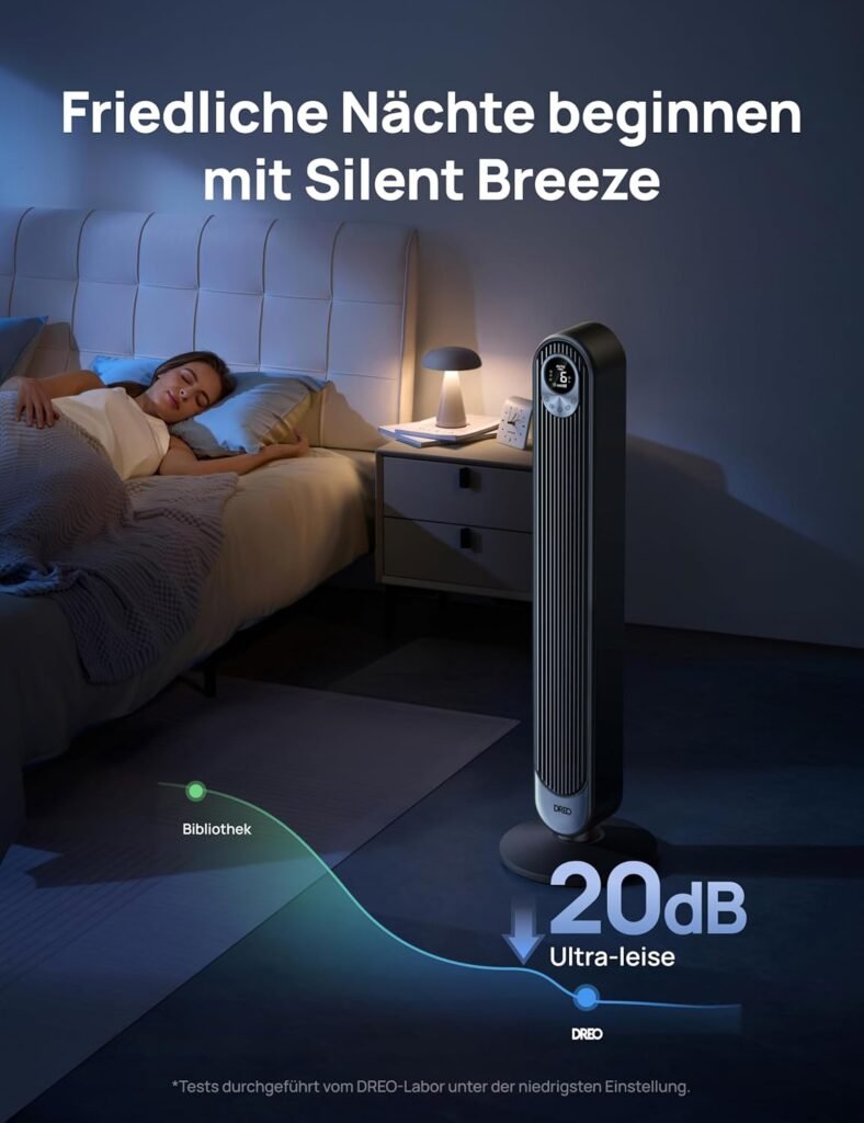 Dreo 20 dB Turmventilator Leise 9 m Winddistanz Ventilator mit Kühlfernbedienung 6 Geschwindigkeitsstufen 4 Modi 90° Oszillierende Standventilatoren für Schlafzimmer Turmventilator mit 12H Timer - Bild von leisem Turmventilator mit Fernbedienung und vielen Funktionen