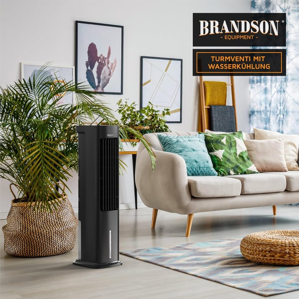 Brandson Turmventilator mit Wasserkühlung 5 in 1 - Mobiler Verdunstungskühler - Luftkühler - Ventilator - Leise - 5L Wassertank - Preisträger 2025