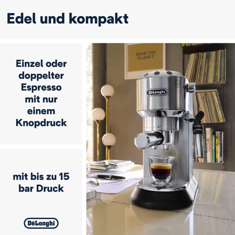 De'Longhi Dedica Style EC 685.M Espresso-Siebträger-Espressomaschine - professionelle Milchschaumdüse, Vollmetallgehäuse - silber. Perfekte Espresso Zubereitung für Zuhause.