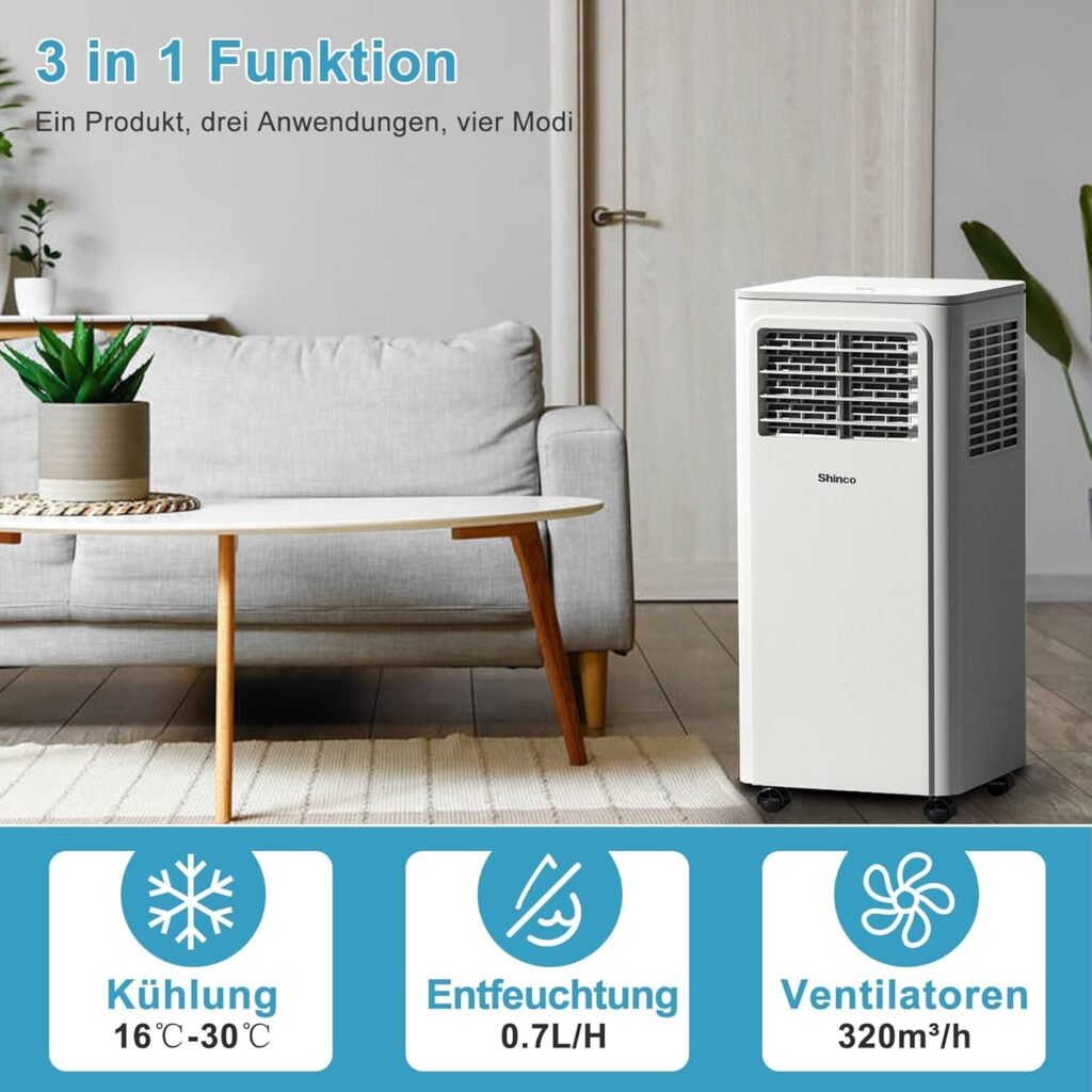 Klimagerät SHINCO 7000 BTU Mobile, 2,05 kW, für Raumgrößen bis 54 m³ (18㎡) - Mit Abluftschlauch und Ablaufschlauch - Schlafmodus - Ideal für Kühlen, Lüften & Entfeuchten.