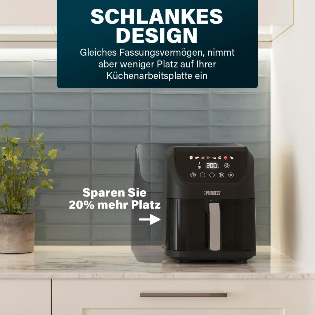 Princess Slim Airfryer 5,5 l - 1500 W - Leiser Betrieb (55 dB) - Platzsparendes Design - Ölfrei - 8 Kochprogramme - Einstellbarer Thermostat - Antihaftbeschichtung - 182240