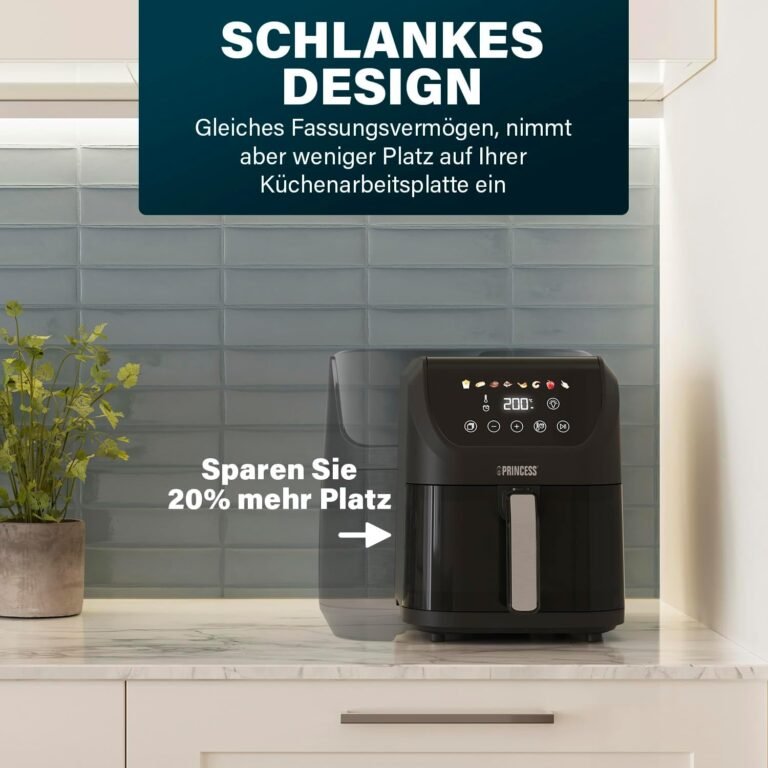 Princess Slim Airfryer 5,5 l - 1500 W - Leiser Betrieb (55 dB) - Platzsparendes Design - Ölfrei - 8 Kochprogramme - Einstellbarer Thermostat - Antihaftbeschichtung - 182240