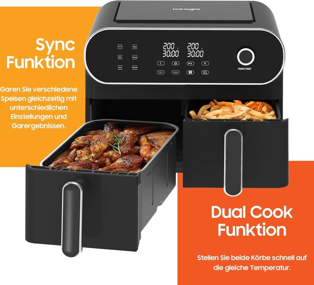 Heißluftfritteuse 2 Kammern Airfryer XXL 11L - 1700W Dual Zone Heißluftfritteuse mit 6 Kochfunktionen und Touchscreen - Praktische Küchenhilfe für knusprige Speisen auf Knopfdruck. Inklusive Rezeptbuch für kreative kulinarische Ideen.