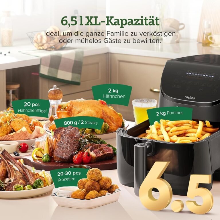 Chefree AF500 Heißluftfritteuse mit Sichtfenster, 6,5 L Fassungsvermögen Airfryer, 6-7 Portionen, 8-in-1, Drehfunktion, Thermometersonde, Smart- und Timerfunktion, Antihaftbeschichtung, spülmaschinenfest - kaufen Sie jetzt!