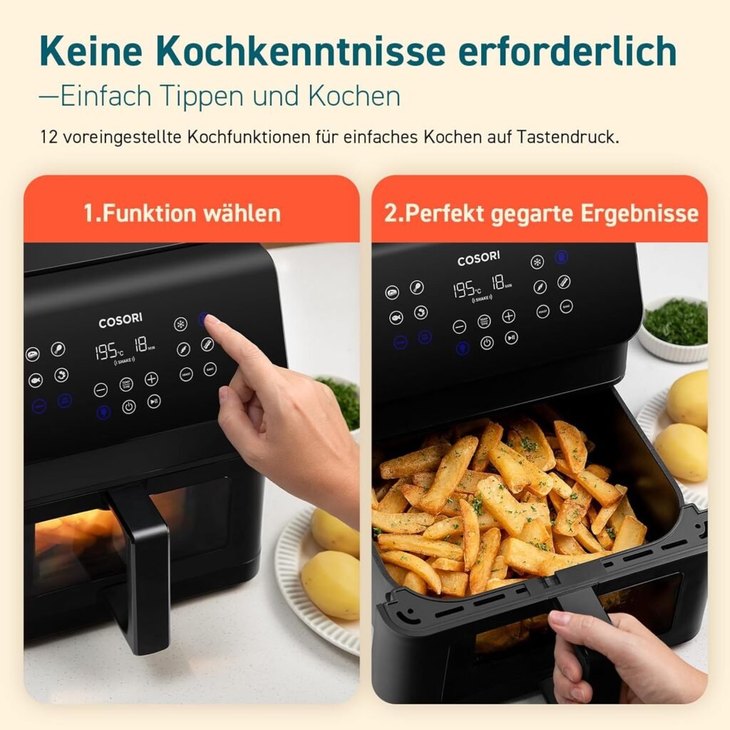 COSORI Airfryer 12-in-1 Heißluftfritteuse XXL 6,2 L mit Sichtfenster und Schüttel-Erinnerung, 80 Rezepte, 55% Energieersparnis, spülmaschinenfester Korb.