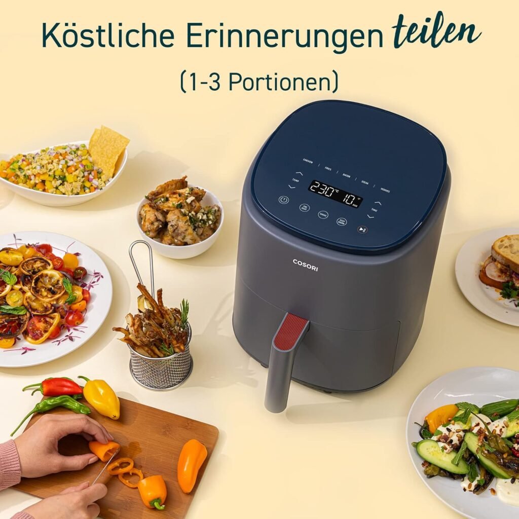 COSORI Lite XL Heißluftfritteuse - 3,8 l - Multifunktional - 7 Funktionen - Max. 230 °C - WLAN-fähig - Klein - Über 100 PDF-Rezepte - 1500 W - Spülmaschinenfest - Grau